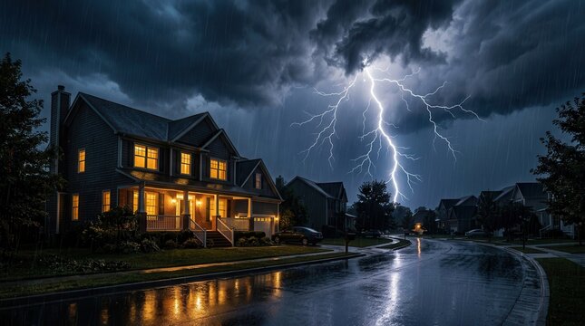 Dramatic lightning bolt illuminates a residential house under dark storm clouds at night.