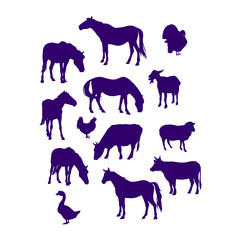 Obraz premium Farm animals silhouettes on transparent background, domestic animals, livestock, pet animal icons.