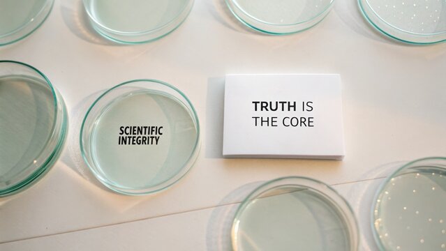 Concept of scientific integrity and truth in research with petri dishes displaying importance of honesty in science and innovation in laboratory settings