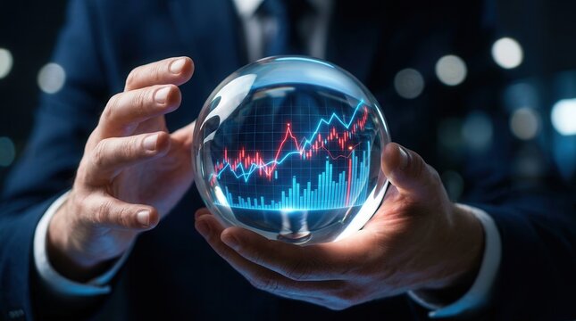 Manager presenting a crystal ball with financial data analysis and future prediction via AI.
