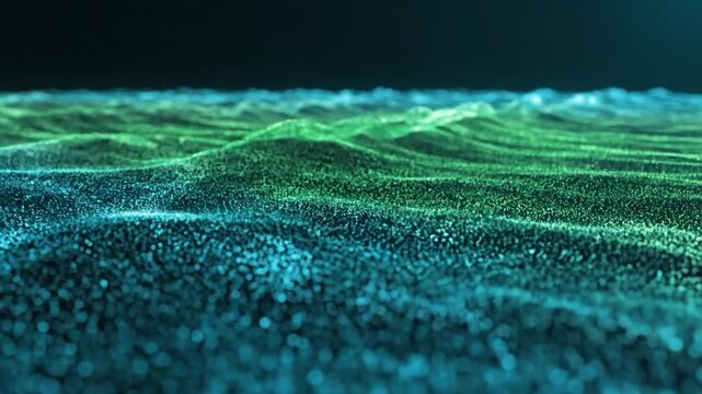 Abstract glowing particles forming ocean waves in deep blue and green hues.