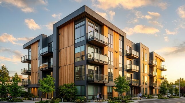 Contemporary residential structure with glass balconies and urban architecture.