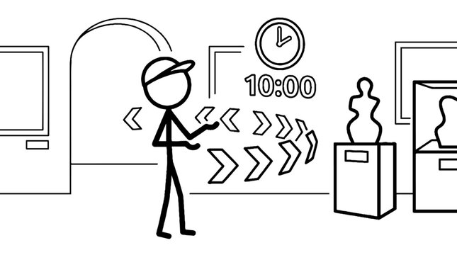 Stick figure exploring art museum with time and navigation cues