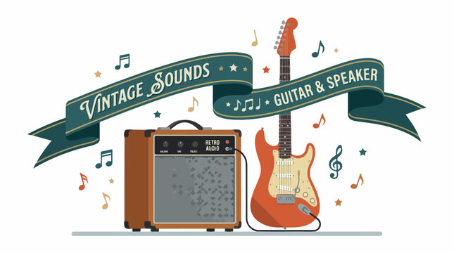 Vintage sounds illustration featuring a guitar amplifier and electric guitar beneath a teal banner with music notes