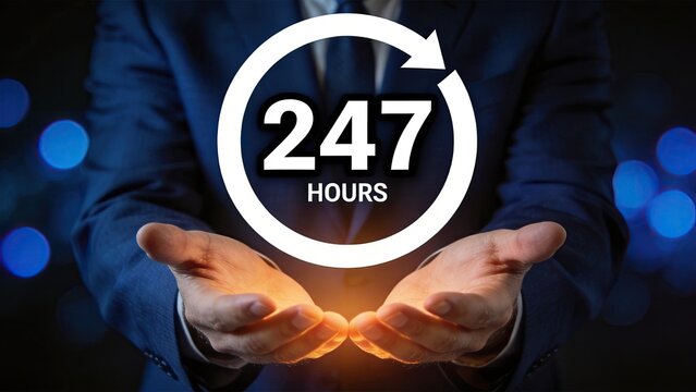 Business hands holding glowing 24/7 hours service icon with circular arrow, symbolizing全天候 support, customer care, continuous operation, availability, reliability, non-stop