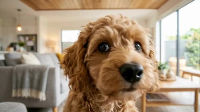 Slow motion video of a cute fluffy Cavoodle puppy looking into the lens and sniffing a smart home camera in a bright living room