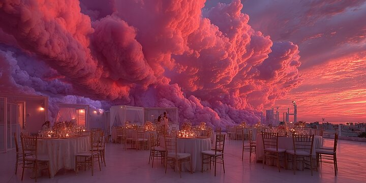 A serene rooftop dining area set amidst a vibrant pink and purple sunset with fluffy clouds, featuring tables, chairs, and warm lighting.