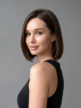 Beautiful Young Caucasian Woman with Brunette Bob Haircut in serene pose, side profile looking away against grey background. Professional studio portrait for beauty and fashion 