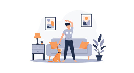 A woman stands in a cozy living room, preparing to walk her dog, surrounded by home decor like a sofa, plant, and wall art. © Malik