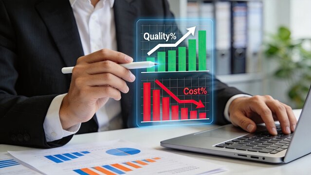 Businessman analyzing quality increase and cost decrease charts on laptop, financial growth concept with digital data visualization for corporate strategy and efficiency