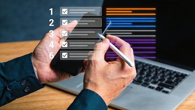 Person checking to-do list items on smartphone screen using stylus pen, digital checklist interface with colorful progress bars for task management and productivity planning in