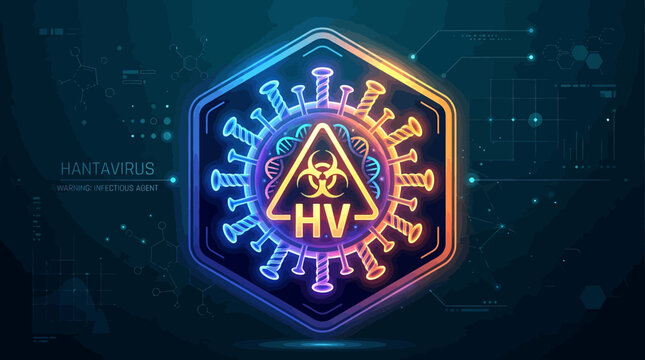 Neon Glow Hexagonal Emblem Illustrating a Virus with a Biohazard Symbol and 'HV' Label on a Digital Futuristic Background