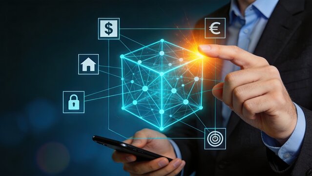 Futuristic blockchain technology concept with glowing digital cube network, cryptocurrency symbols dollar and euro, security lock and home icon for fintech innovation.