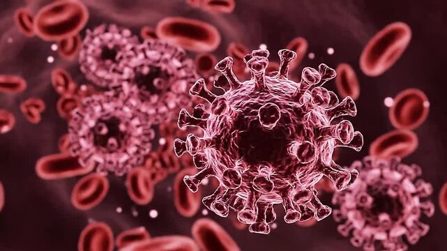 Hantavirus particles flowing with red blood cells in bloodstream