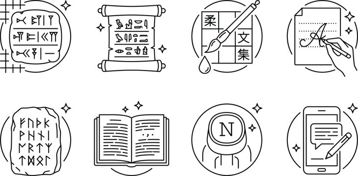 History of Writing and Typography Line Icon Set with Hieroglyphs Cuneiform Runes Calligraphy Typewriter and Mobile Texting Symbols