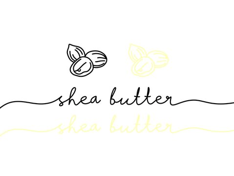 Minimalist line art illustration of shea butter nuts and text