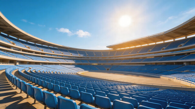 Empty stadium with blue seats under sunny sky perfect for UI/UX design and motion graphics