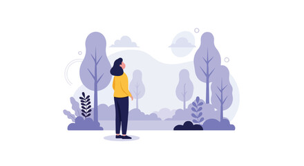 A woman in a yellow shirt stands in a stylized purple forest, looking thoughtfully at the distant horizon and clouds above. © Malik