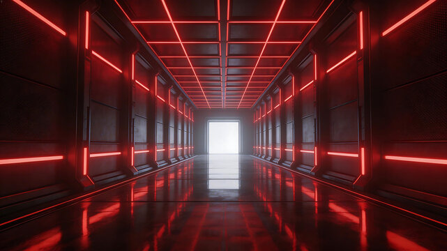 Futuristic corridor with red neon lights emphasizing subtle textures and elegant visual transitions