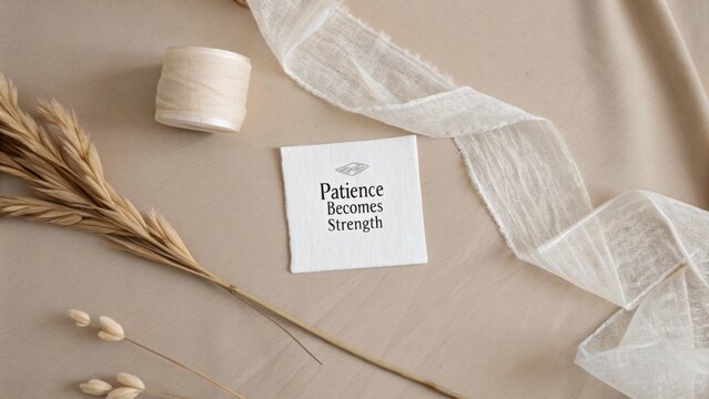 Elegant flat lay of a handwritten note 'Patience Becomes Strength' surrounded by ribbon, thread, and dried flowers on a textured fabric backdrop