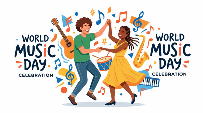 Joyful couple dancing under colorful musical notes during World Music Day celebration outdoors