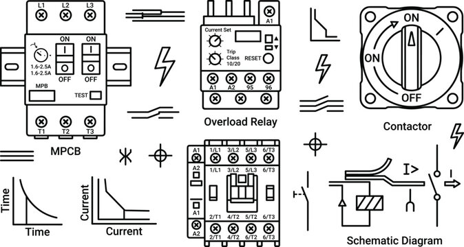 Industrial Electrical Control Line Icon Set with MPCB Overload Relay Contactor and Schematic Diagram Vector Engineering Symbols