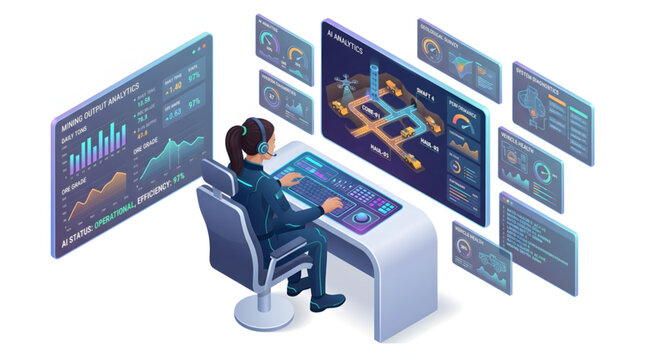 Futuristic control room operator monitoring complex data and system analytics on multiple screens