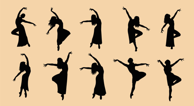 Collection of black silhouettes of women dancing in various elegant poses.