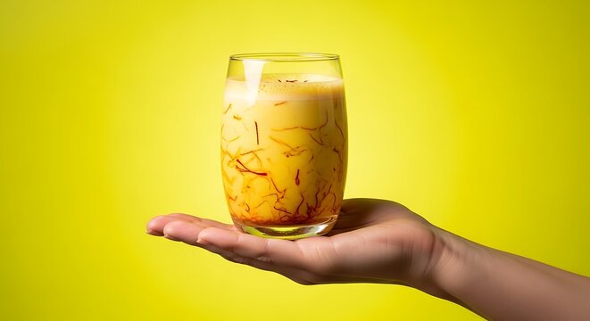hand holding a glass of saffron milk drink