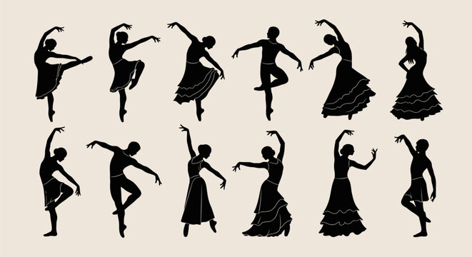 Set of black silhouettes of ballet dancers and flamenco performers.