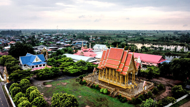Drone Sunset View of Wat Samnak Takhro in Thepharak, Nakhon Ratchasima, Thailand