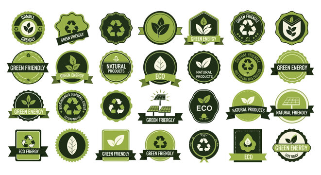 Large set of green eco-friendly labels, recycling badges, and renewable energy icons for sustainable branding and product packaging.