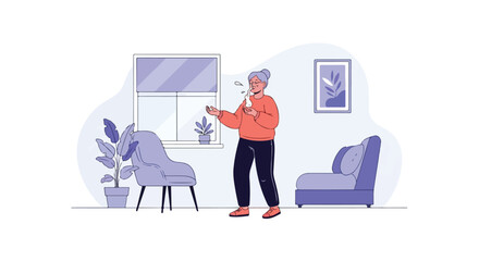 An elderly woman in an orange sweater stands in a room, blowing her nose into a white tissue near a window and chairs. © Malik