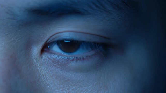 Macro view of a brown human eye reflecting a glowing computer monitor in a dark room with blue light representing digital addiction and late night work