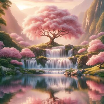 romanticized digital landscape, blooming cherry tree, cascading waterfalls, reflective pond, balanced composition, soft lighting, harmonious hues evoking tranquil, idealized natural beauty