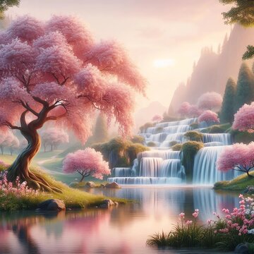 romanticized digital landscape, blooming cherry tree, cascading waterfalls, reflective pond, balanced composition, soft lighting, harmonious hues evoking tranquil, idealized natural beauty