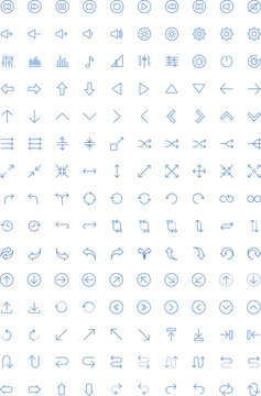 Minimalist blue line arrow icons set, modern navigation symbols for interface design, collection of 154 vector web elements for app development