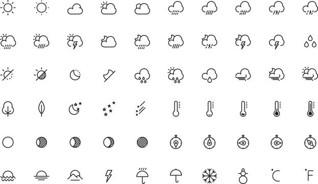 Minimalist weather icon set with 50 line vector elements, modern meteorology symbols for mobile apps, clean outline weather forecast graphics