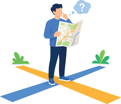 Confused man holding map at crossroads looking for direction vector illustration