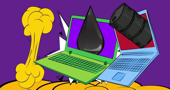 Cartoon Laptop, comic book Notebook with Oil Barrel and Oil Drop. Retro cartoon comics pop art animation.