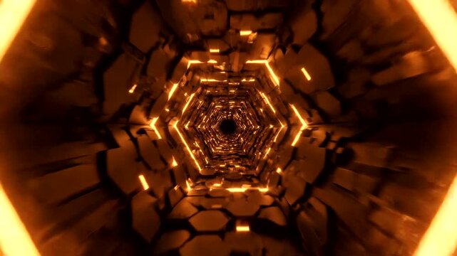 Abstract Hexagonal Tunnel with Glowing Orange Lights and Textured Walls.