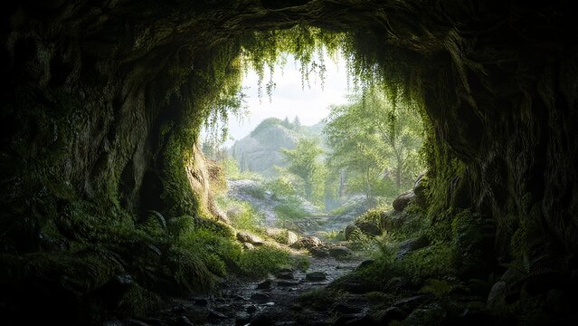 Entrance to an underground cave framed by green vines, dark interior contrasting with bright spring landscape.