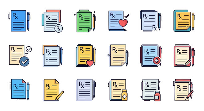 Set of colorful document icons in various styles.