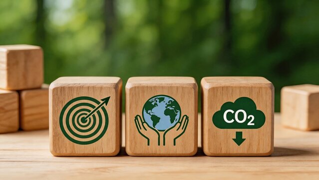 Wooden blocks displaying CO2 reduction arrow, earth in hands, and target goal icons, symbolizing carbon footprint decrease, climate action, global warming solution, environmental