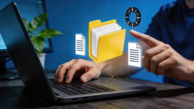 Hand touching virtual yellow file folder icon with documents, cloud storage concept, data management system, digital organization, computer screen background, technology