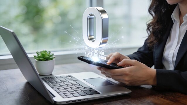 Woman working laptop smartphone binary code zero data transfer, digital information flow and cybersecurity concept in modern office workspace.