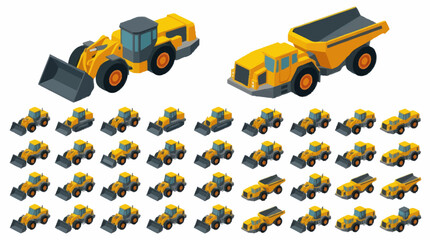 Collection of yellow construction vehicles in isometric view. © Ardhan