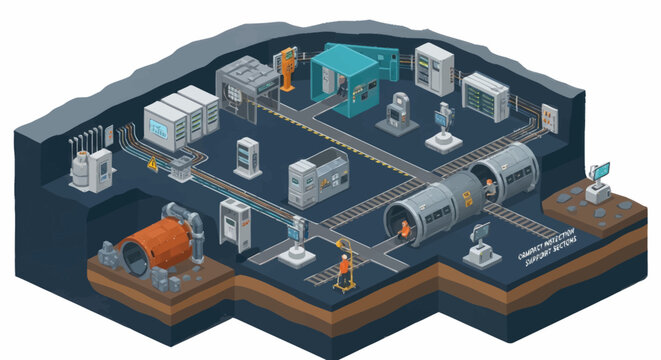 Complex industrial facility with machinery and equipment illustration.