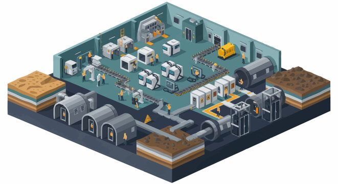 Cross section of a modern industrial factory complex with machinery and infrastructure.