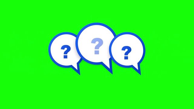 Question marks in speech bubbles animation on green background, chat icons, query symbols, communication graphics